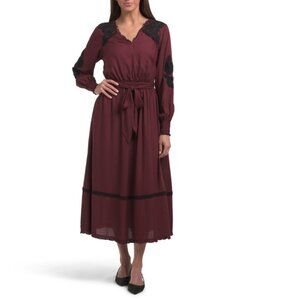 LEA Tawny Port Long Sleeve Floral Embroidered Maxi Dress With Belt